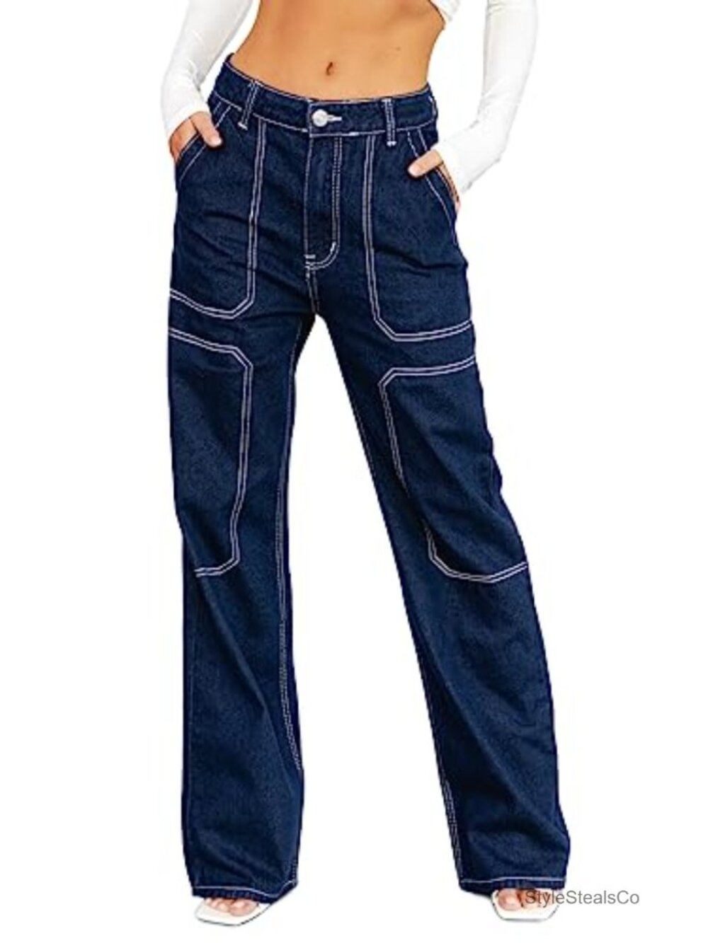 Women's Cargo Jeans Mid Waist Stretch Wide Leg Denim Pants with Pockets